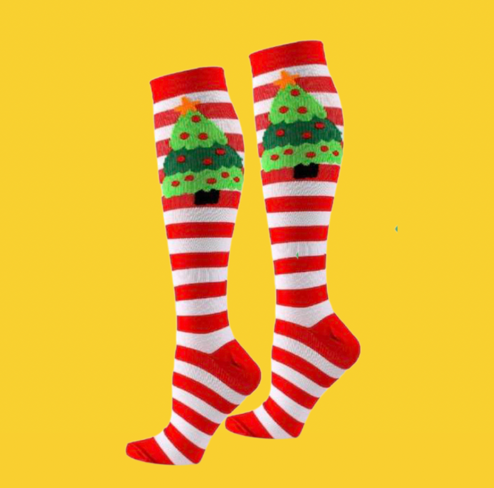 Red and White Stripes with Christmas Tree Compression Socks